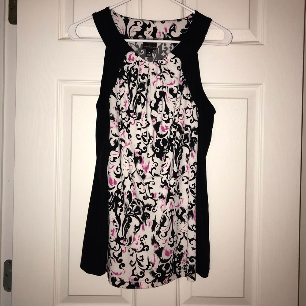 Worthington black, white & pink sleeveless blouse